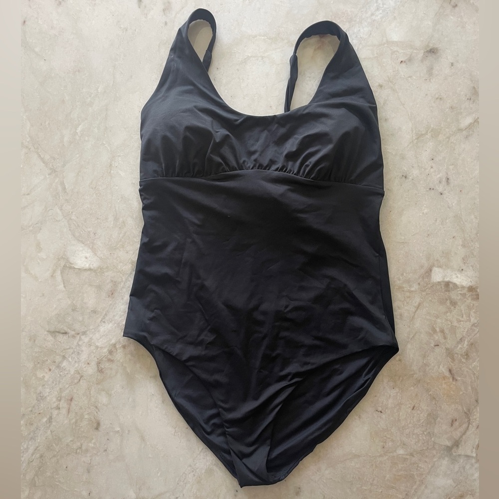 Black one piece swimsuit with cross cross lace up back